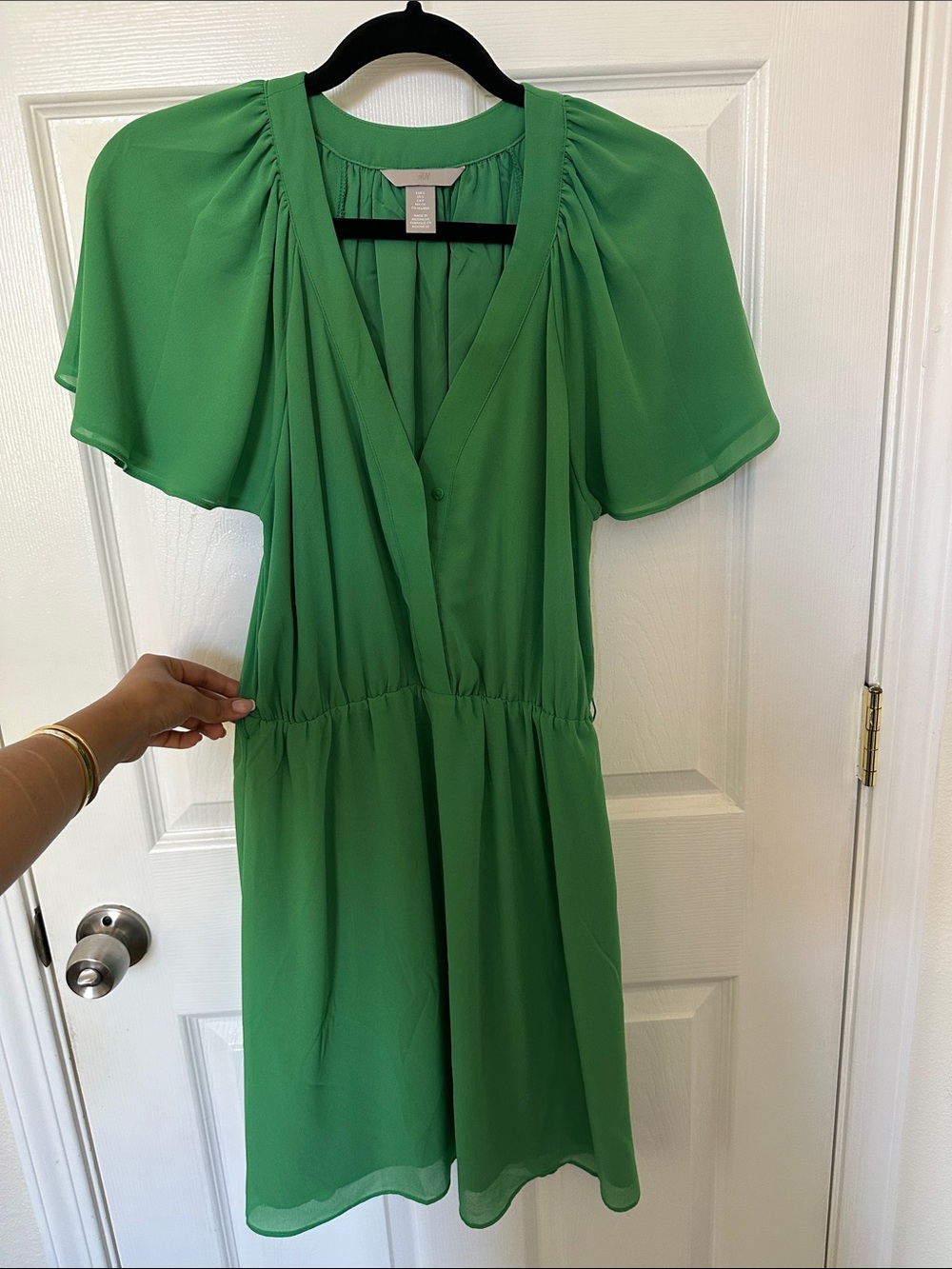 Ann Taylor Emerald Green V-Neck Flutter Sleeve Mini Dress